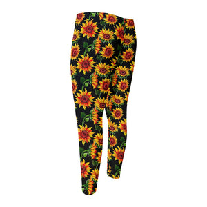 Black Autumn Sunflower Pattern Print Men's Compression Pants