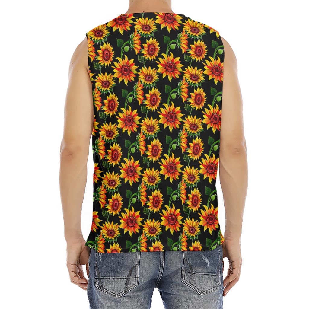 Black Autumn Sunflower Pattern Print Men's Fitness Tank Top