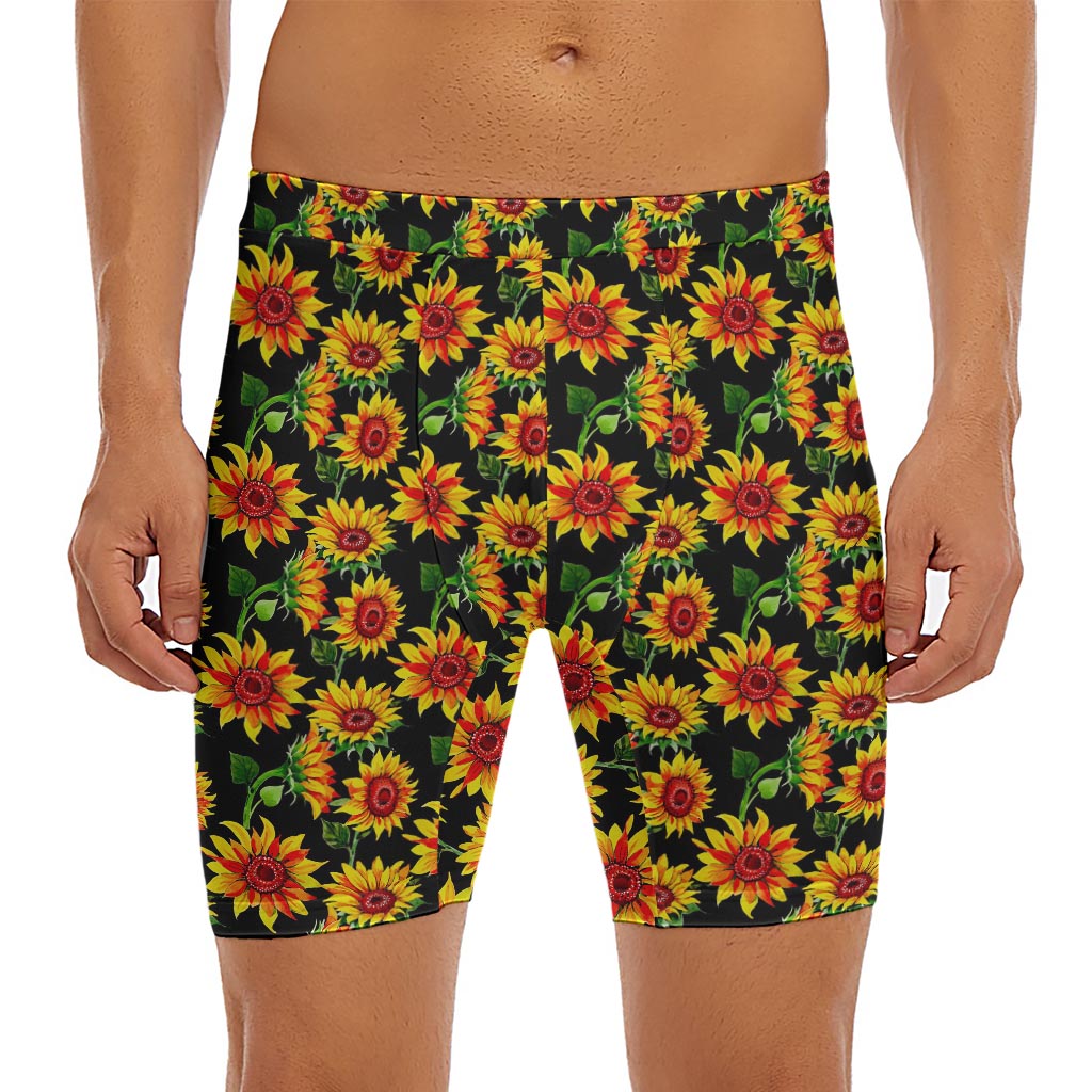 Black Autumn Sunflower Pattern Print Men's Long Boxer Briefs