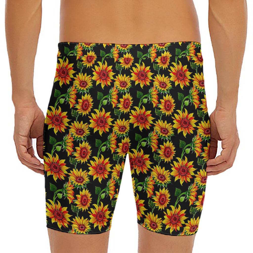 Black Autumn Sunflower Pattern Print Men's Long Boxer Briefs