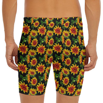 Black Autumn Sunflower Pattern Print Men's Long Boxer Briefs