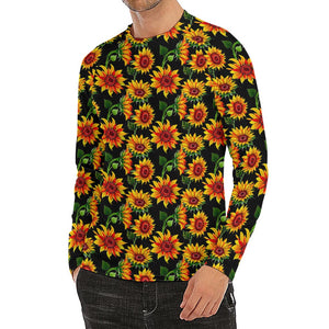 Black Autumn Sunflower Pattern Print Men's Long Sleeve Rash Guard