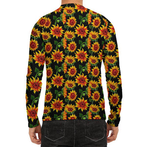 Black Autumn Sunflower Pattern Print Men's Long Sleeve Rash Guard