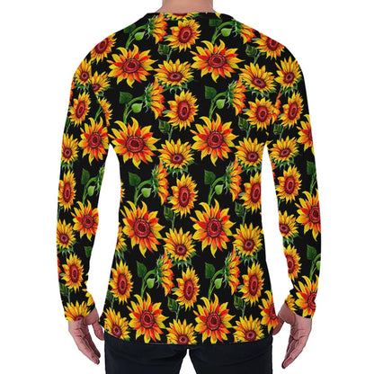 Black Autumn Sunflower Pattern Print Men's Long Sleeve T-Shirt
