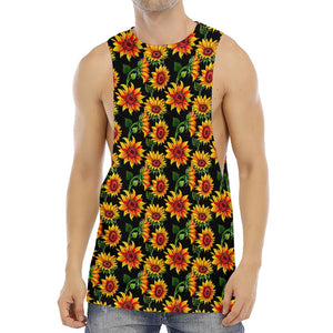 Black Autumn Sunflower Pattern Print Men's Muscle Tank Top