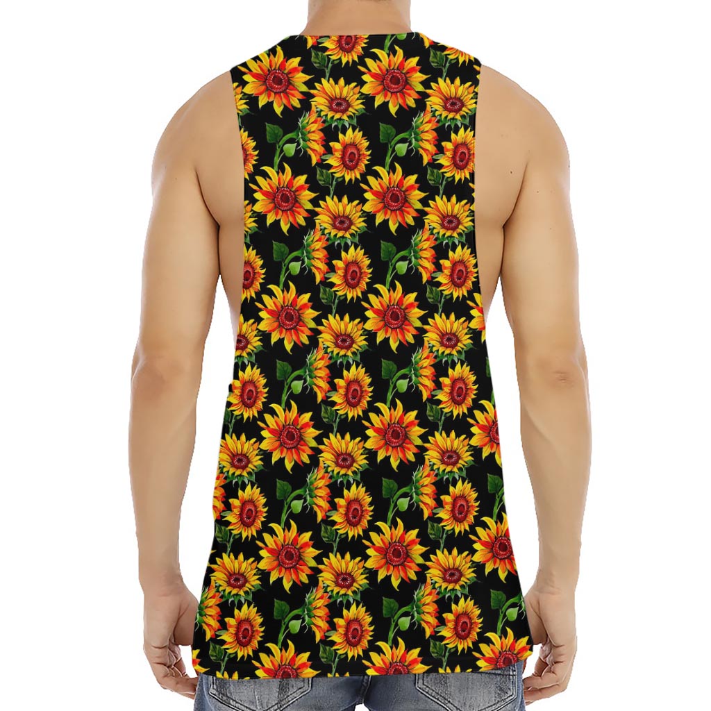 Black Autumn Sunflower Pattern Print Men's Muscle Tank Top