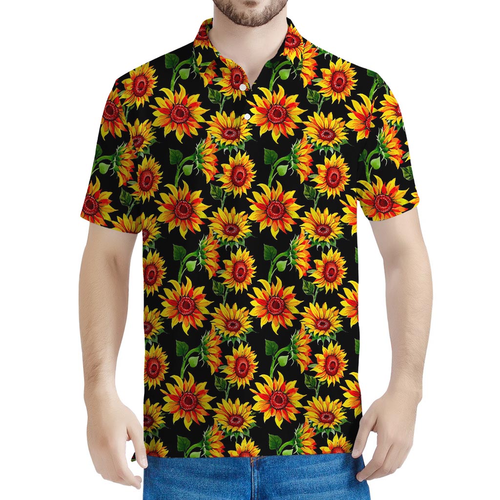 Black Autumn Sunflower Pattern Print Men's Polo Shirt