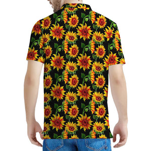 Black Autumn Sunflower Pattern Print Men's Polo Shirt