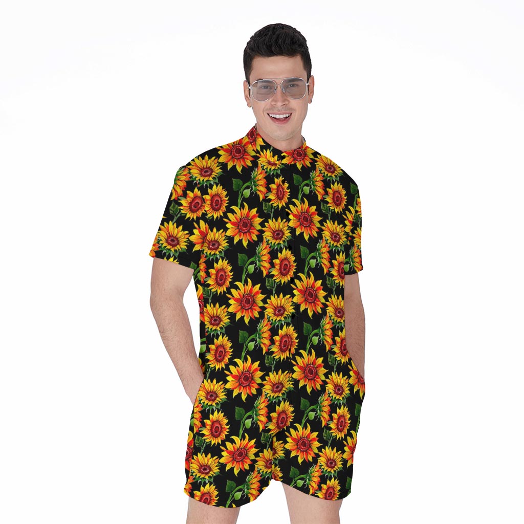 Black Autumn Sunflower Pattern Print Men's Rompers