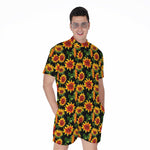 Black Autumn Sunflower Pattern Print Men's Rompers