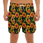 Black Autumn Sunflower Pattern Print Men's Split Running Shorts