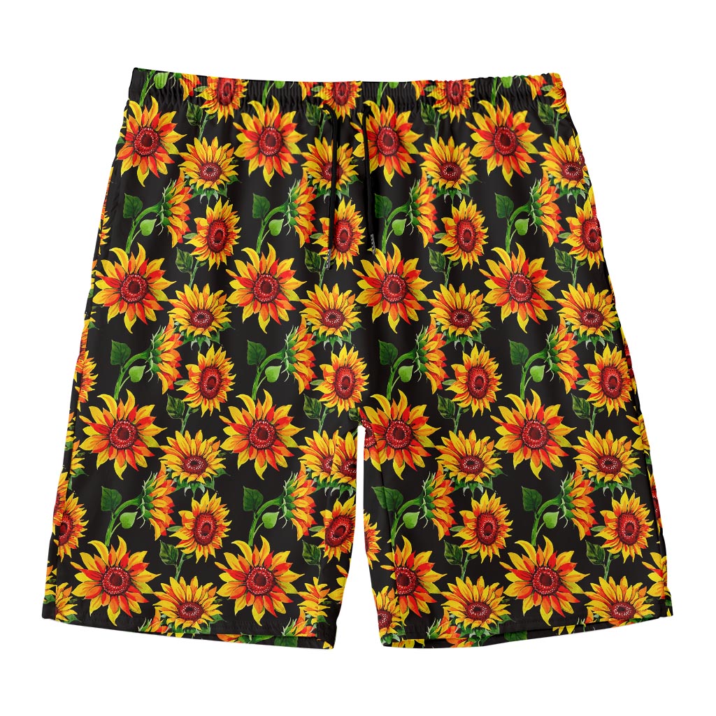 Black Autumn Sunflower Pattern Print Men's Swim Trunks