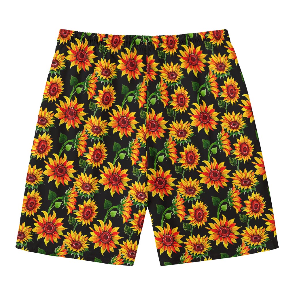 Black Autumn Sunflower Pattern Print Men's Swim Trunks