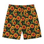 Black Autumn Sunflower Pattern Print Men's Swim Trunks