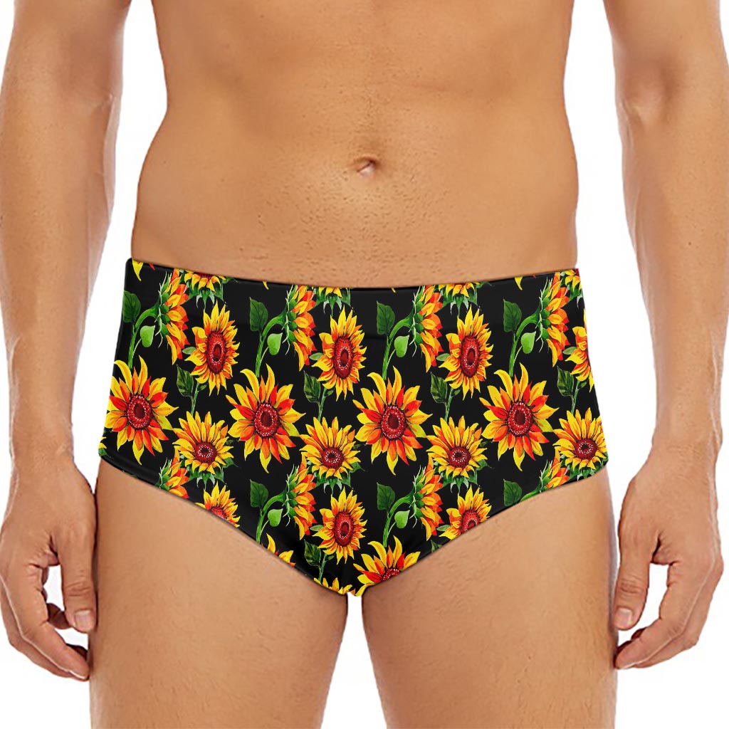 Black Autumn Sunflower Pattern Print Men's Triangle Swim Briefs