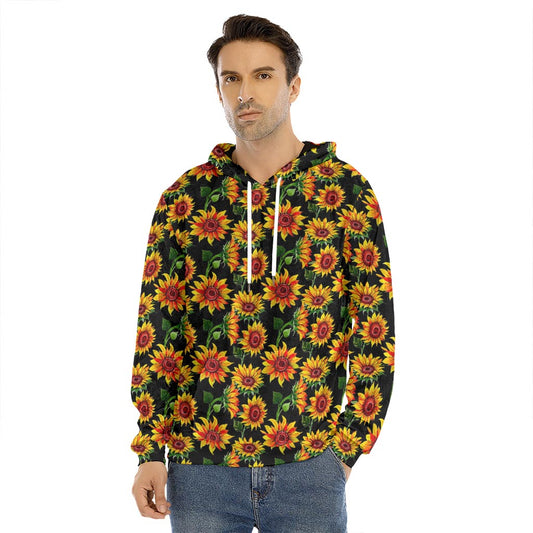 Black Autumn Sunflower Pattern Print Men's Velvet Pullover Hoodie