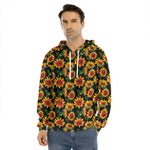 Black Autumn Sunflower Pattern Print Men's Velvet Pullover Hoodie