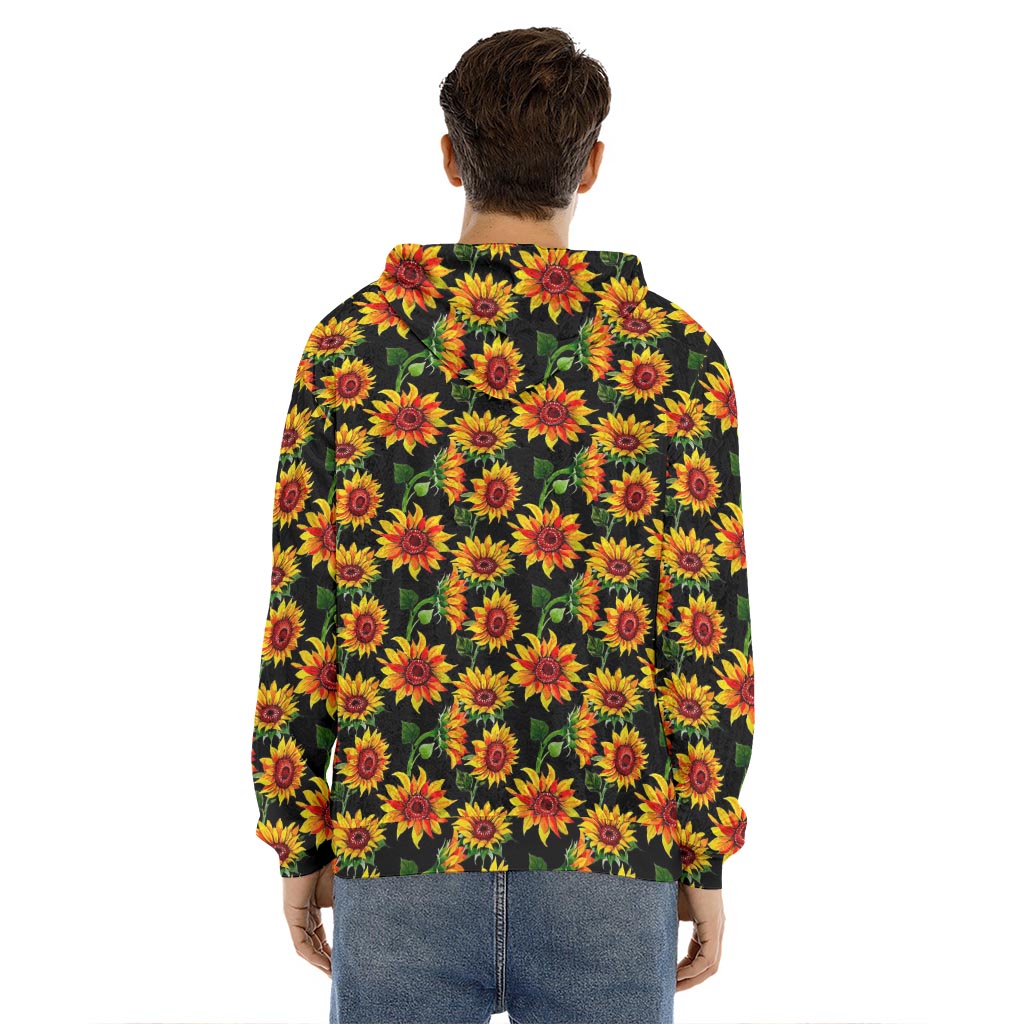 Black Autumn Sunflower Pattern Print Men's Velvet Pullover Hoodie