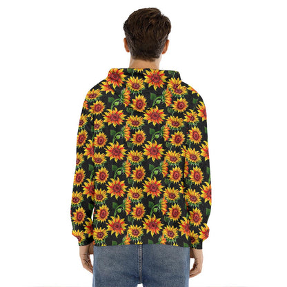 Black Autumn Sunflower Pattern Print Men's Velvet Pullover Hoodie