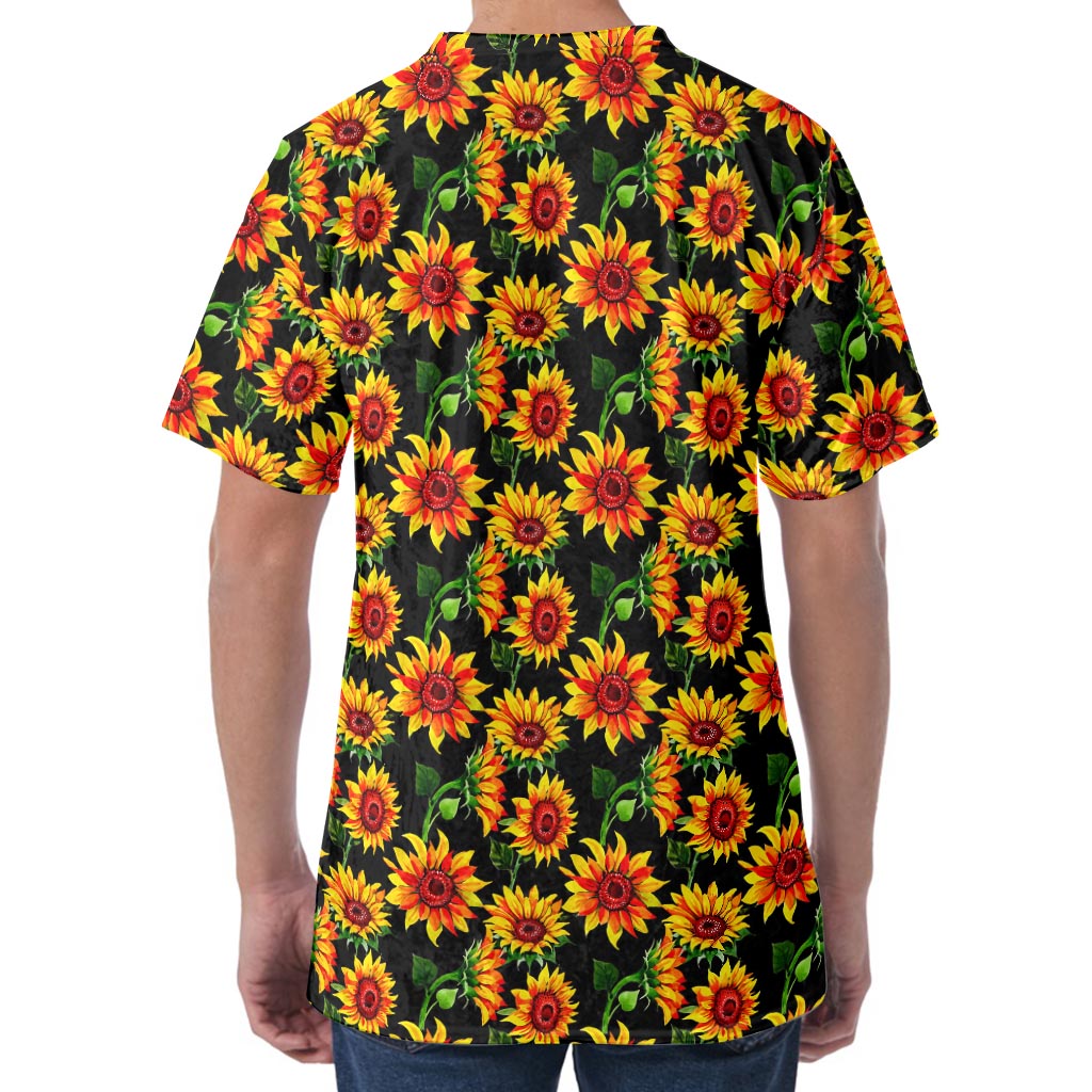 Black Autumn Sunflower Pattern Print Men's Velvet T-Shirt