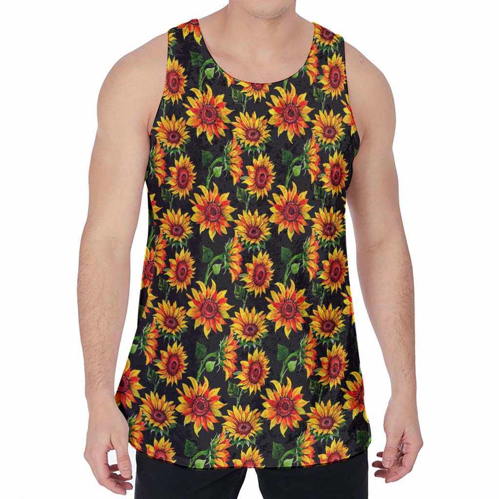 Black Autumn Sunflower Pattern Print Men's Velvet Tank Top