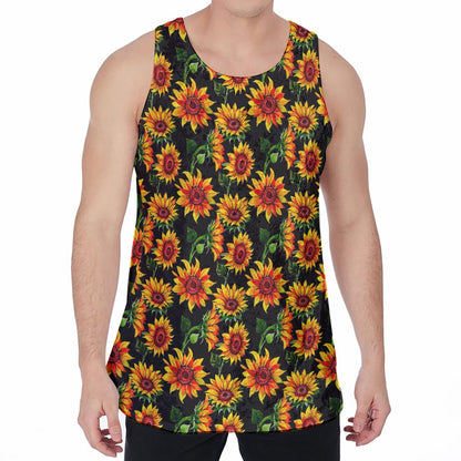 Black Autumn Sunflower Pattern Print Men's Velvet Tank Top