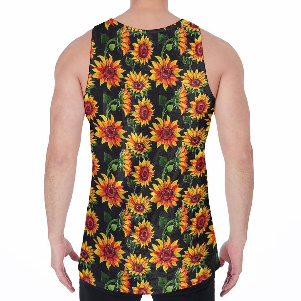 Black Autumn Sunflower Pattern Print Men's Velvet Tank Top