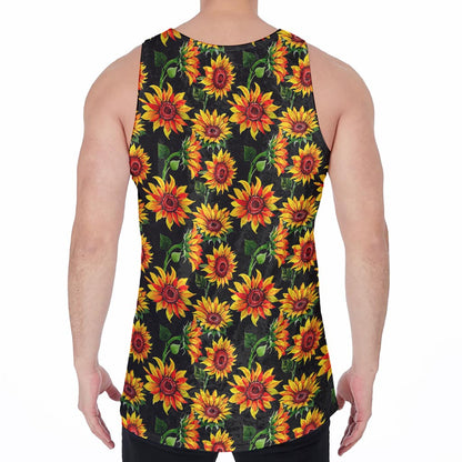 Black Autumn Sunflower Pattern Print Men's Velvet Tank Top