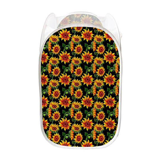 Black Autumn Sunflower Pattern Print Mesh Laundry Hamper