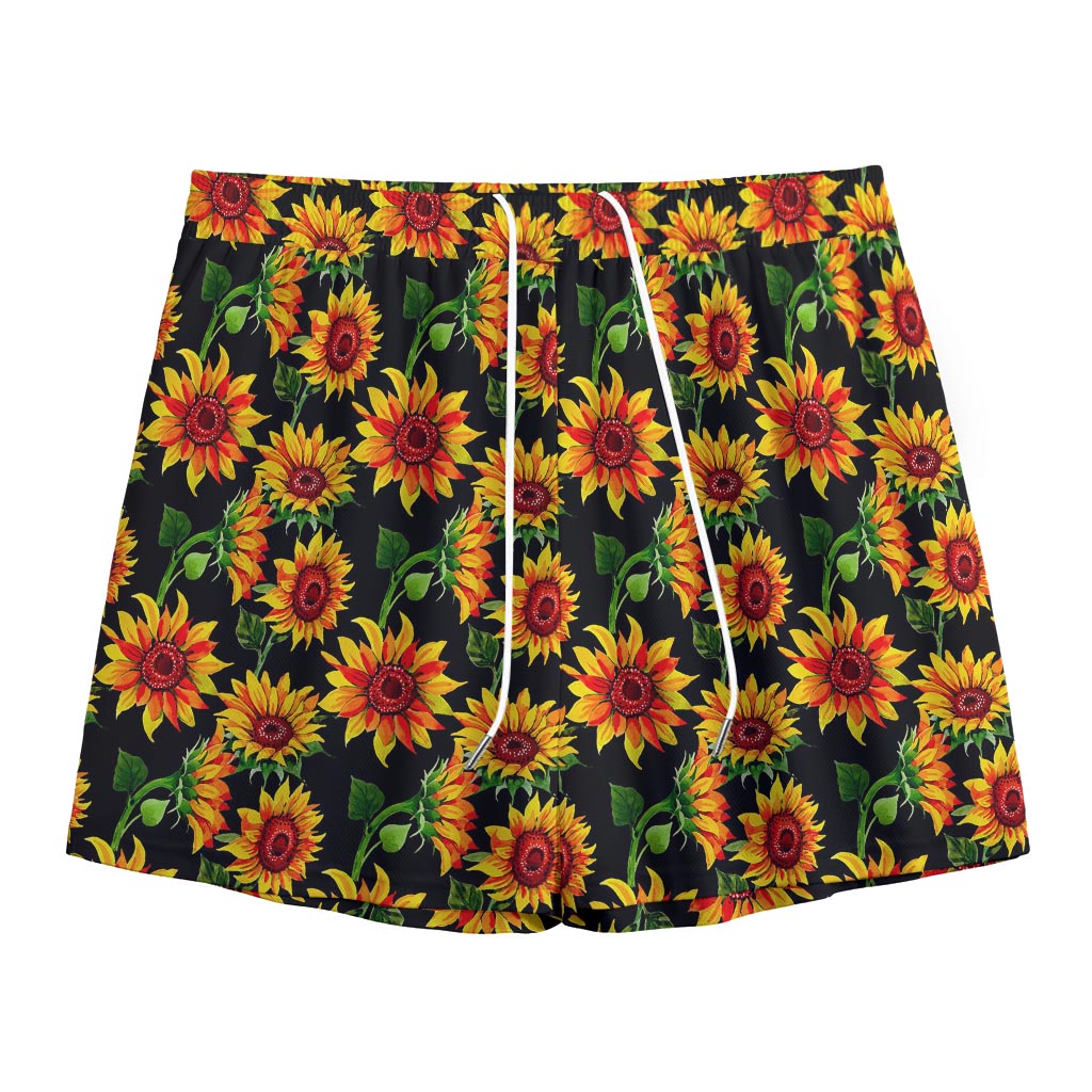 Black Autumn Sunflower Pattern Print Mesh Shorts