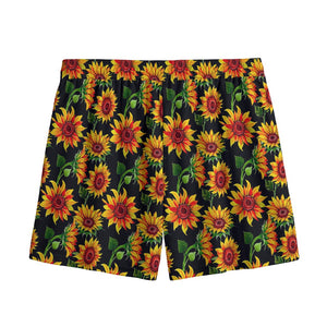 Black Autumn Sunflower Pattern Print Mesh Shorts