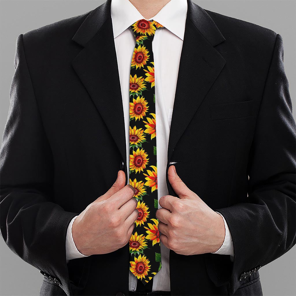 Black Autumn Sunflower Pattern Print Necktie