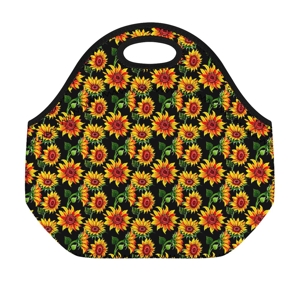 Black Autumn Sunflower Pattern Print Neoprene Lunch Bag