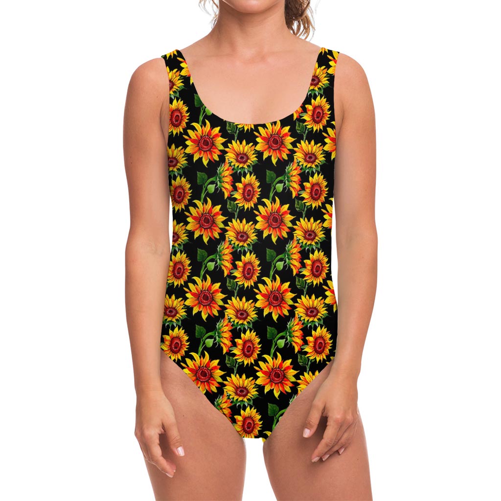 Black Autumn Sunflower Pattern Print One Piece Swimsuit