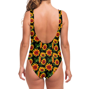 Black Autumn Sunflower Pattern Print One Piece Swimsuit