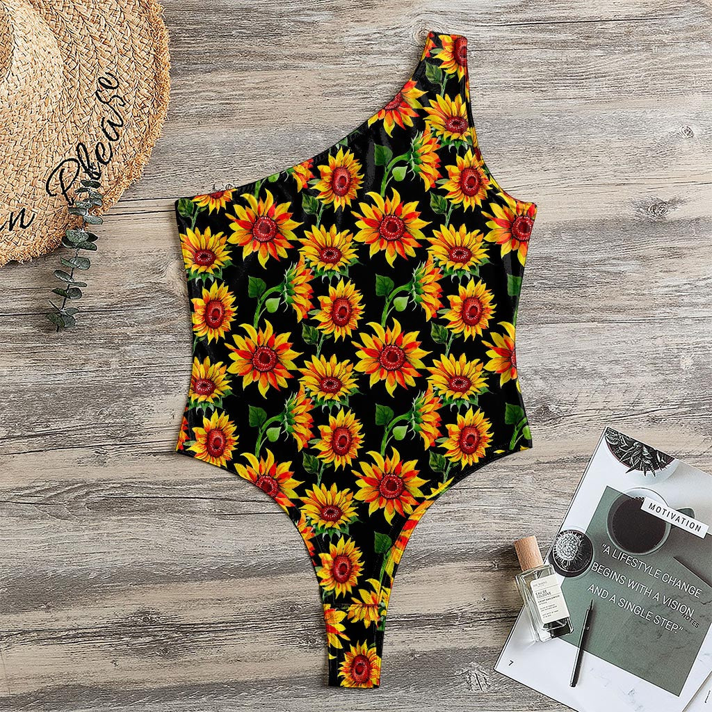 Black Autumn Sunflower Pattern Print One Shoulder Bodysuit