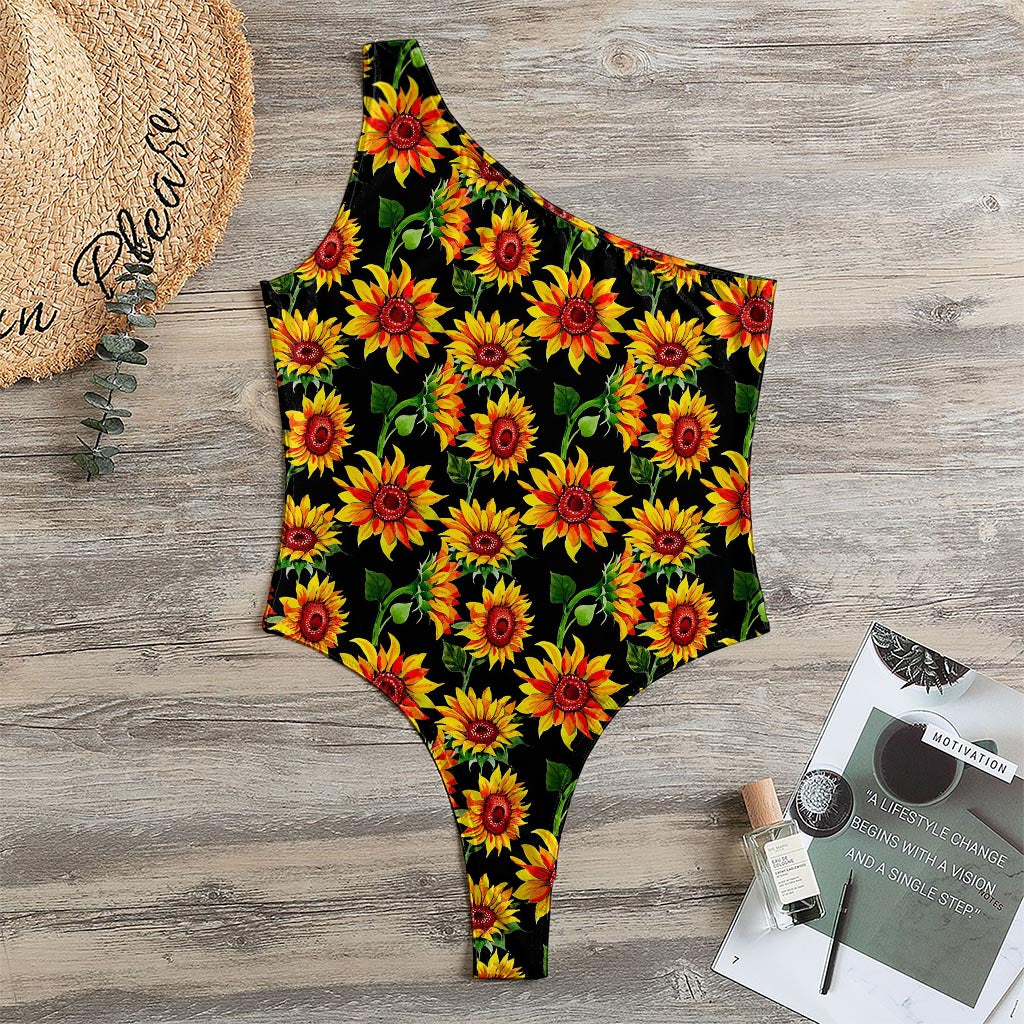 Black Autumn Sunflower Pattern Print One Shoulder Bodysuit