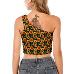 Black Autumn Sunflower Pattern Print One Shoulder Crop Top