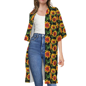 Black Autumn Sunflower Pattern Print Open Front Beach Cover Up