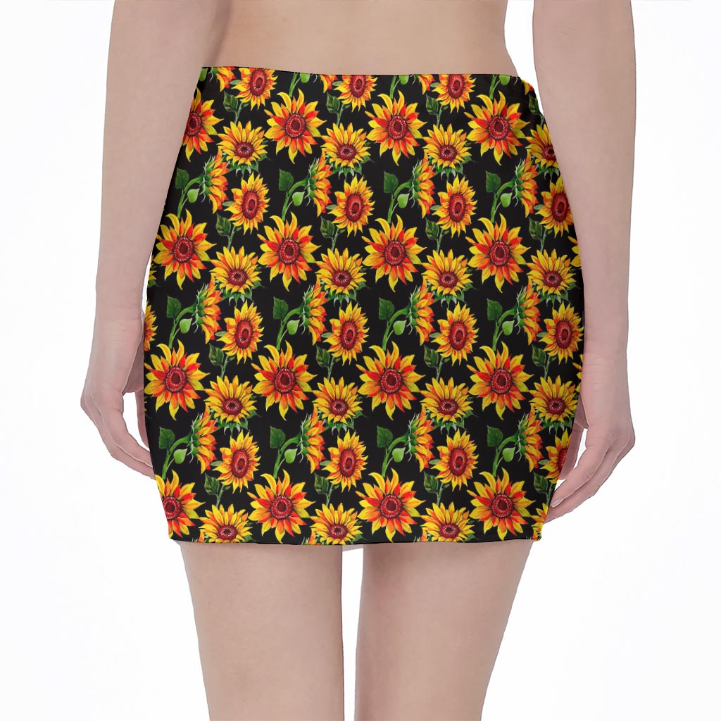 Black Autumn Sunflower Pattern Print Pencil Mini Skirt