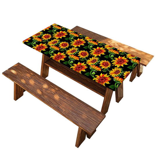 Black Autumn Sunflower Pattern Print Picnic Table Cover