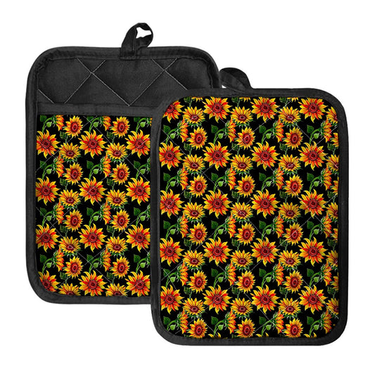 Black Autumn Sunflower Pattern Print Pot Holders With Pocket
