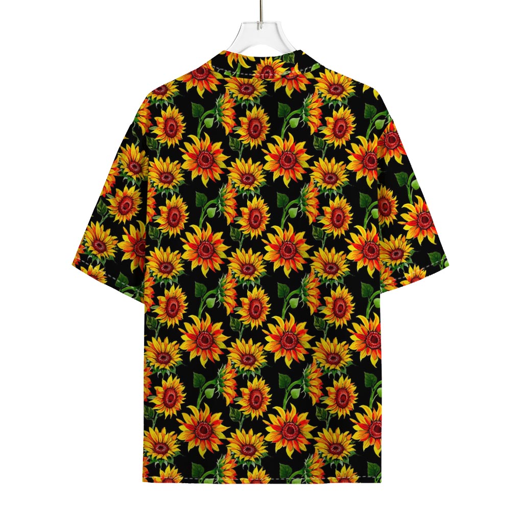 Black Autumn Sunflower Pattern Print Rayon Hawaiian Shirt