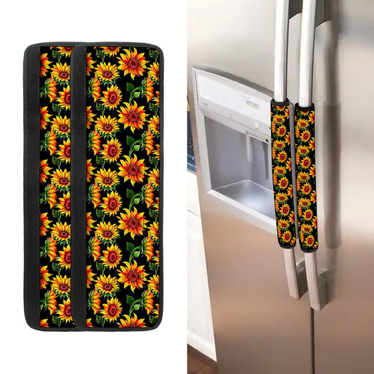Black Autumn Sunflower Pattern Print Refrigerator Handle Covers