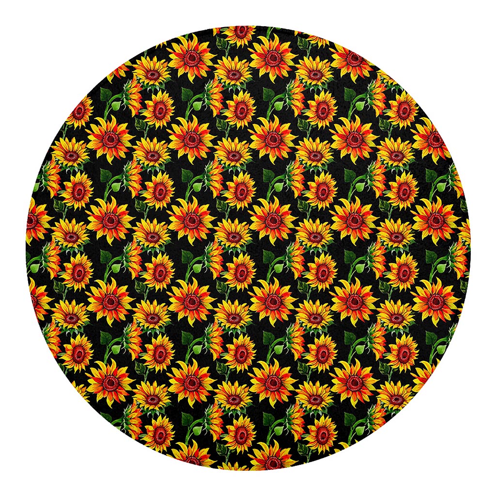 Black Autumn Sunflower Pattern Print Round Blanket