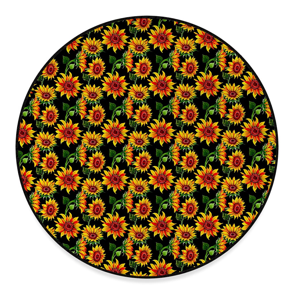 Black Autumn Sunflower Pattern Print Round Floor Mat