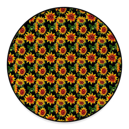 Black Autumn Sunflower Pattern Print Round Floor Mat