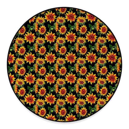 Black Autumn Sunflower Pattern Print Round Floor Mat