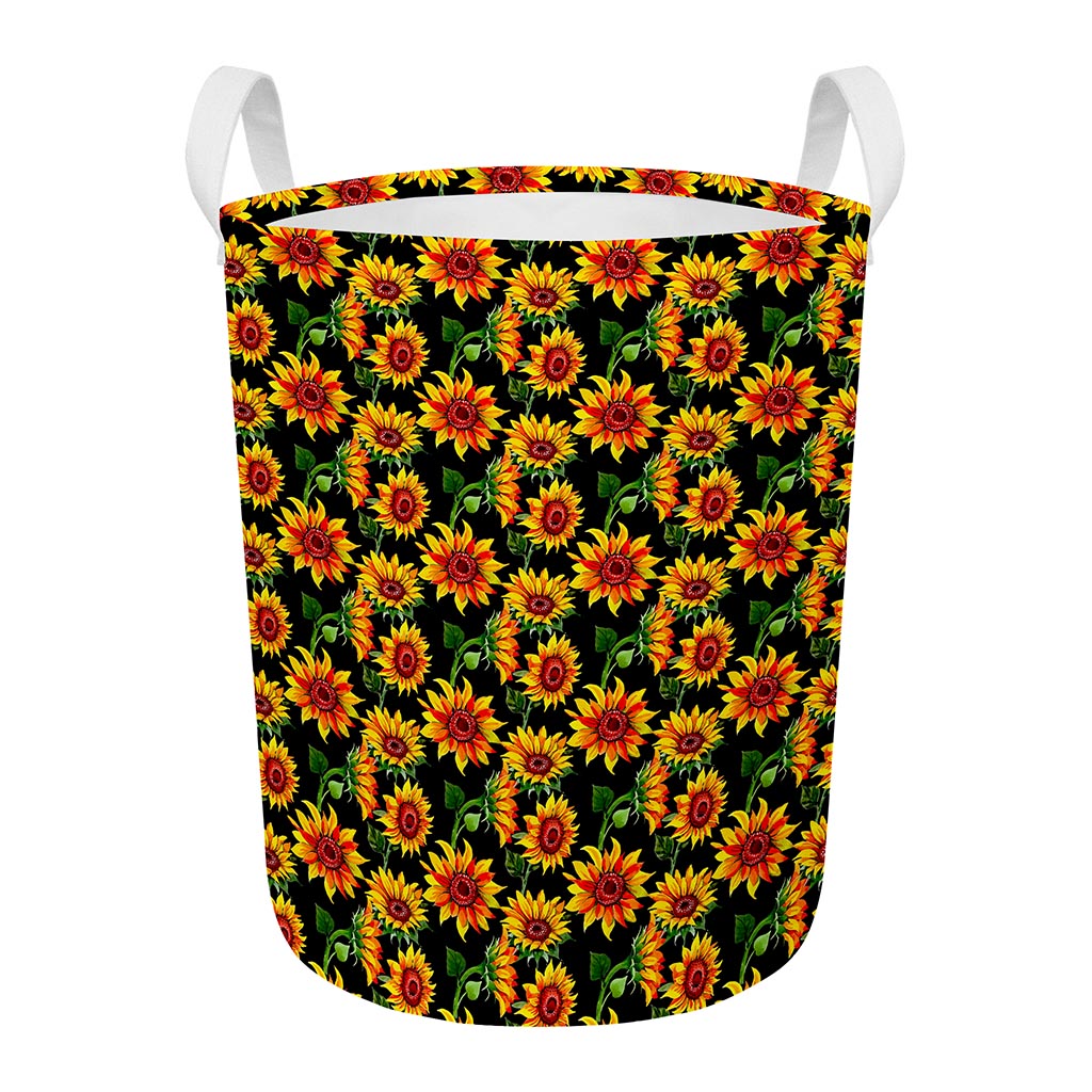 Black Autumn Sunflower Pattern Print Round Laundry Basket
