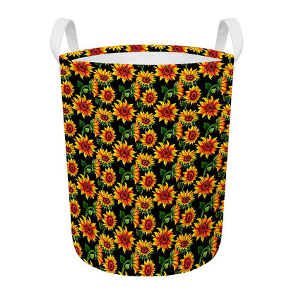 Black Autumn Sunflower Pattern Print Round Laundry Basket